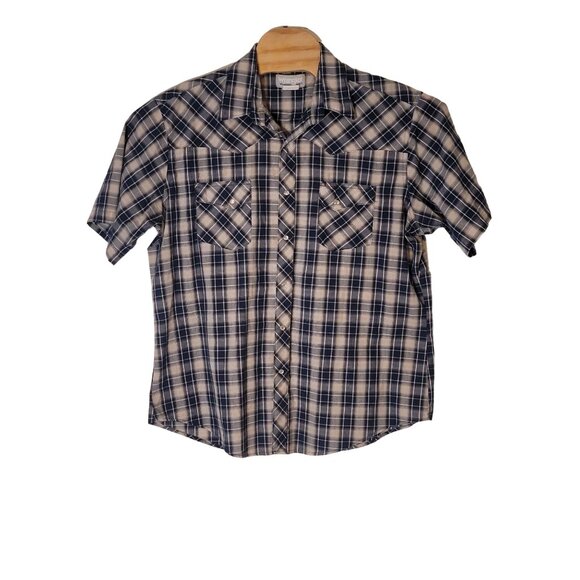 Wrangler Wrancher Pearl Snap Button Up Shirt Size XL Short Sleeve Blue Tan Plaid - Picture 1 of 5